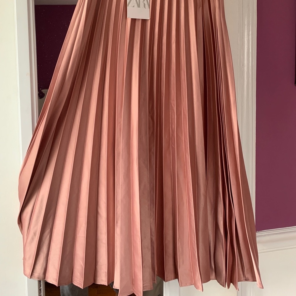 blush pink satin accordion midi skirt